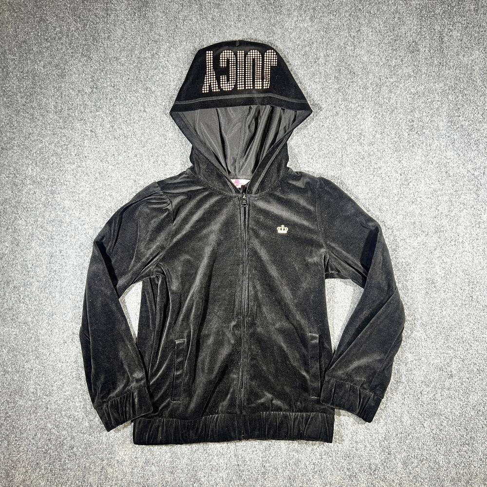 Y2K Juicy Couture Black Velour Zip Hoodie Large 14 Rhinestone Hood